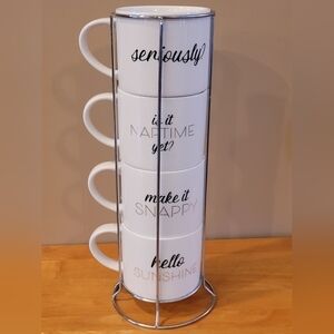 COCO + LOLA Stackable Ceramic Mugs With Wire Frame Holder, Set of 4